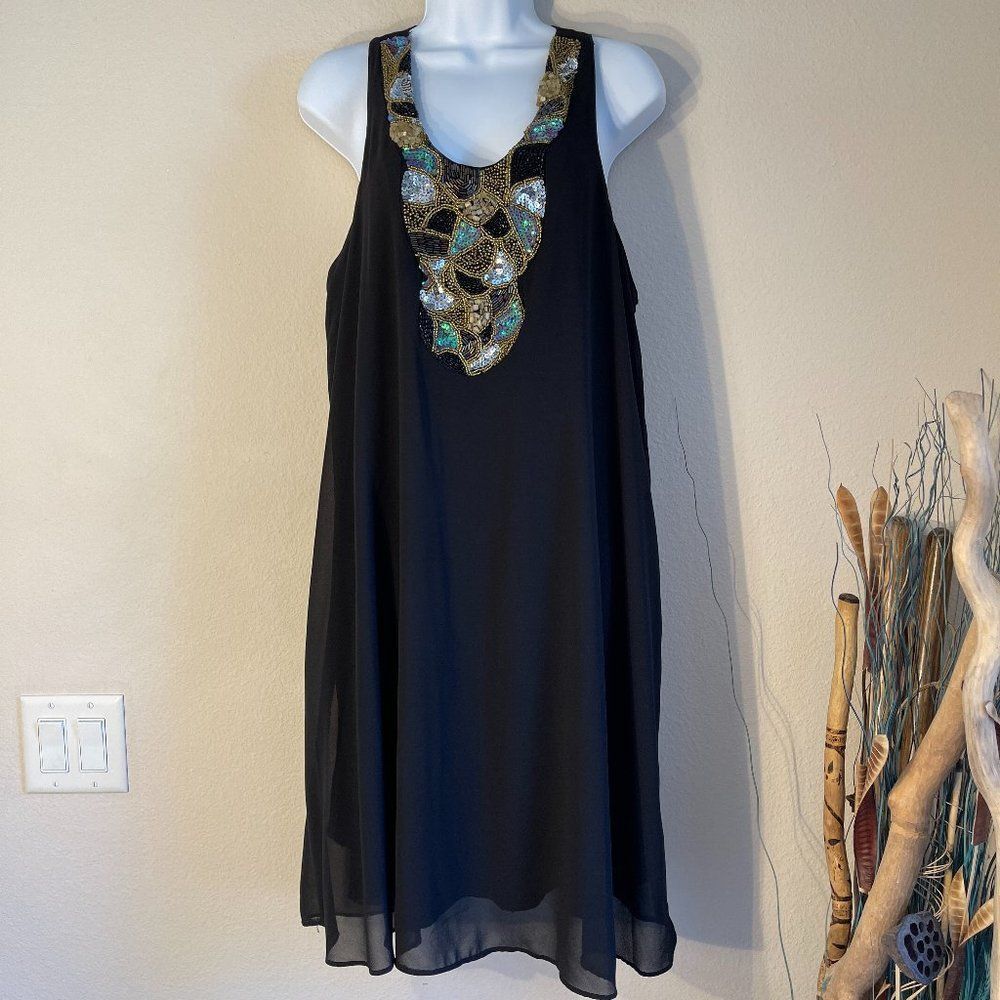 JSP Black Chiffon Beaded Swing Cocktail Cruise Dress Vintage Size L